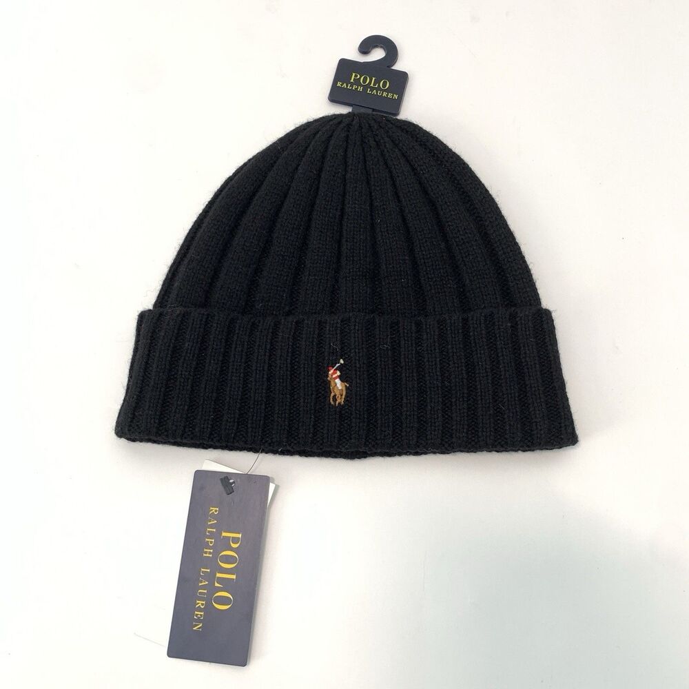 Polo Ralph Lauren Signature Skull Beanie Hat Merino Wool Blend Cuffed Pony Black